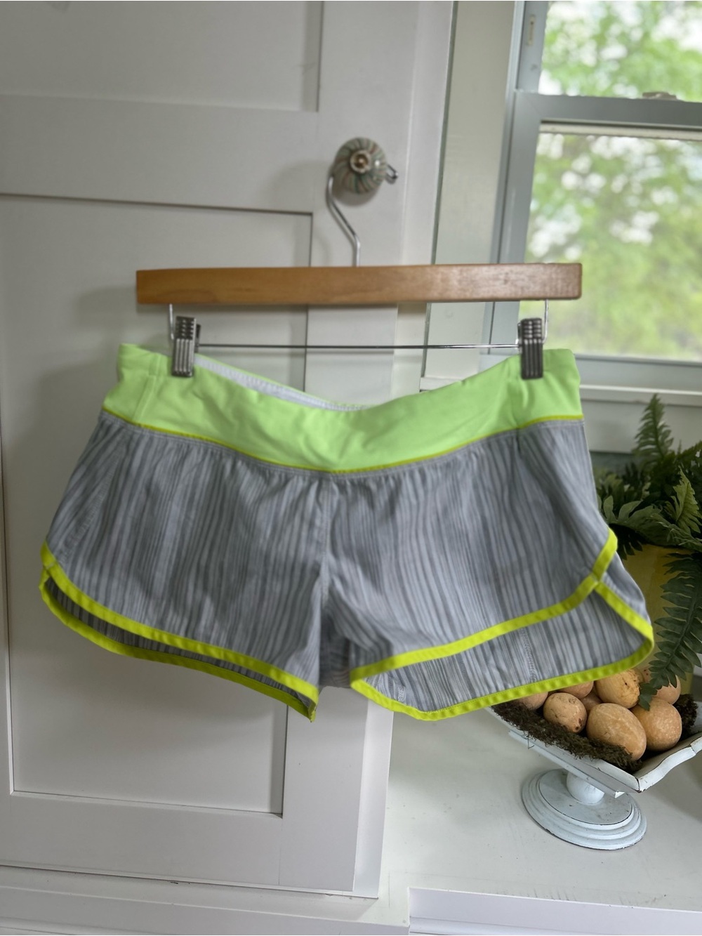 Lululemon Speed Shorts, Grey with Neon Yellow Trim Waistband and trim. Size 8.